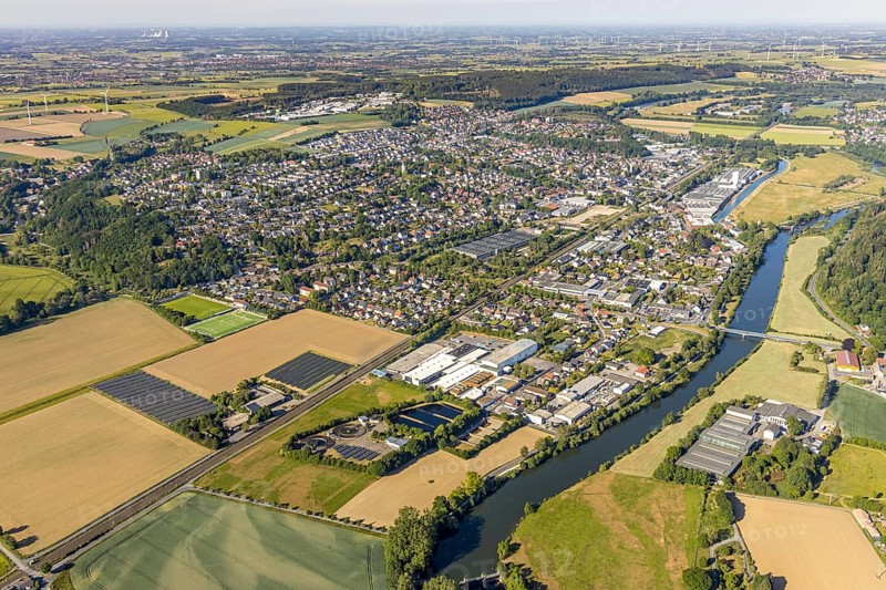Aerial view, view of town, river Ruhr, Wickeder Profile rolling mill, Ruhrverband sewage treatment plant Wickede, Wickede (Ruhr), North Rhine-Westphalia, Germany