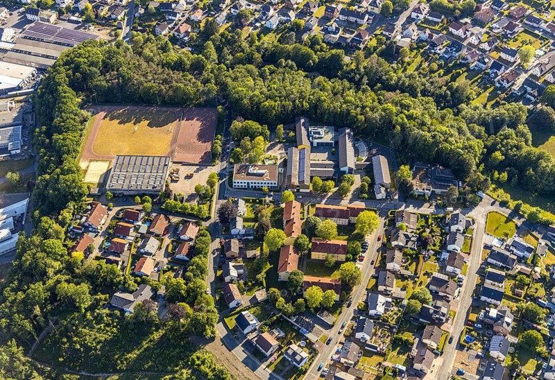 Aerial view, Gerken sports hall and sports field, Wickede secondary school, Wickede (Ruhr), North Rhine-Westphalia, Germany