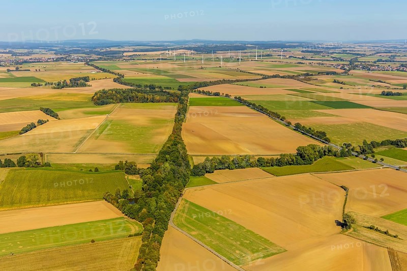 Aerial view, meadows and fields, wind turbines, Hohenwepel, Warburg, OWL, Ostwestfalen-Lippe, East Westphalia, North Rhine-Westphalia, Germany