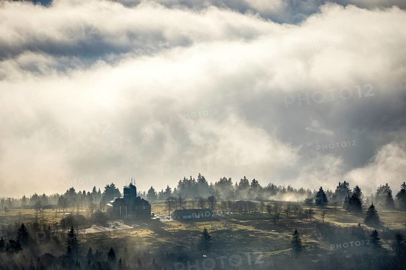 Aerial view, clouds over the Kahler Asten, Astenturm and hotel-restaurant, second highest mountain in North Rhine-Westphalia, Kahler Asten, 842 m high mountain with heathland as well as observation tower and restaurant on the summit, Winterberg, Sauerland, North Rhine-Westphalia, Germany