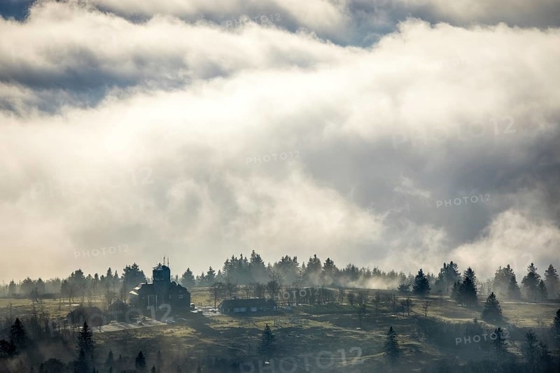 Aerial view, clouds over the Kahler Asten, Astenturm and hotel-restaurant, second highest mountain in North Rhine-Westphalia, Kahler Asten, 842 m high mountain with heathland as well as observation tower and restaurant on the summit, Winterberg, Sauerland, North Rhine-Westphalia, Germany