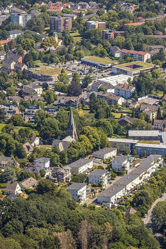 Aerial view, Bommern Protestant Church, Rigeikenstraße residential area, Bommerfelder Ring shopping centre, Witten, Ennepe-Ruhr district, Ruhr area, North Rhine-Westphalia, Germany