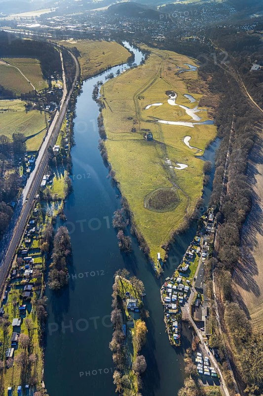 Aerial view, Steger campsite, Ruhr river, Ruhr island, Ruhrauen nature reserve, Bommern, Witten, Ennepe-Ruhr district, Ruhr area, North Rhine-Westphalia, Germany