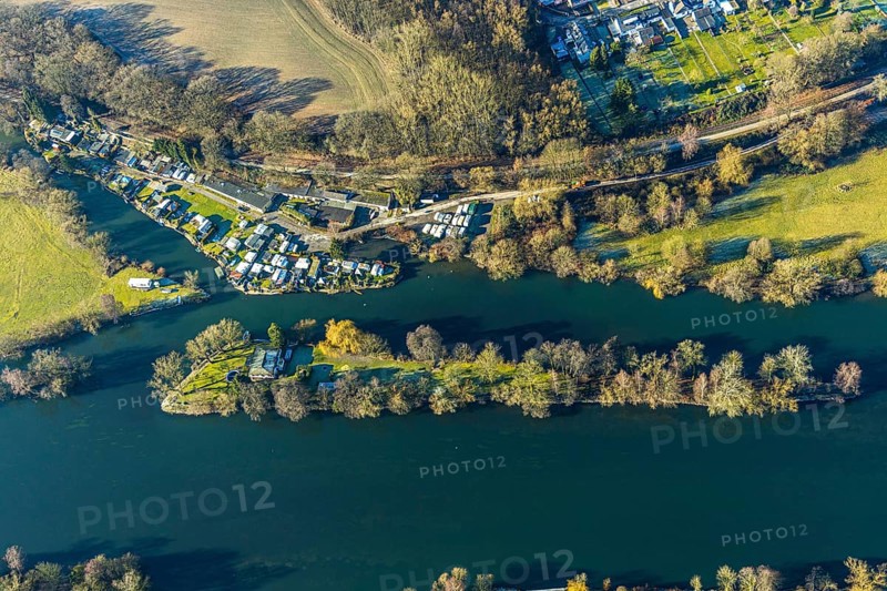 Aerial view, Steger campsite, Ruhr river, Ruhr island, Bommern, Witten, Ennepe-Ruhr district, Ruhr area, North Rhine-Westphalia, Germany