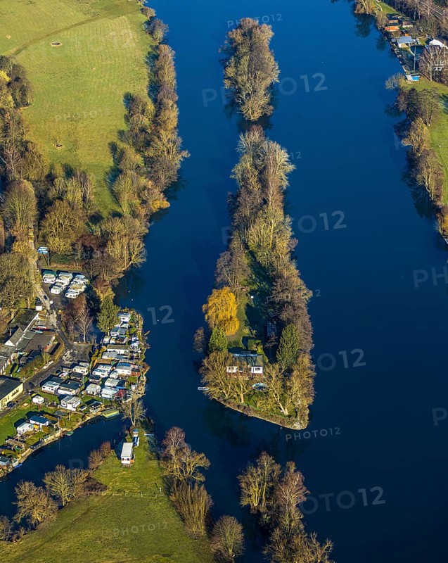 Aerial view, Steger campsite, Ruhr river, Ruhr island, Bommern, Witten, Ennepe-Ruhr district, Ruhr area, North Rhine-Westphalia, Germany