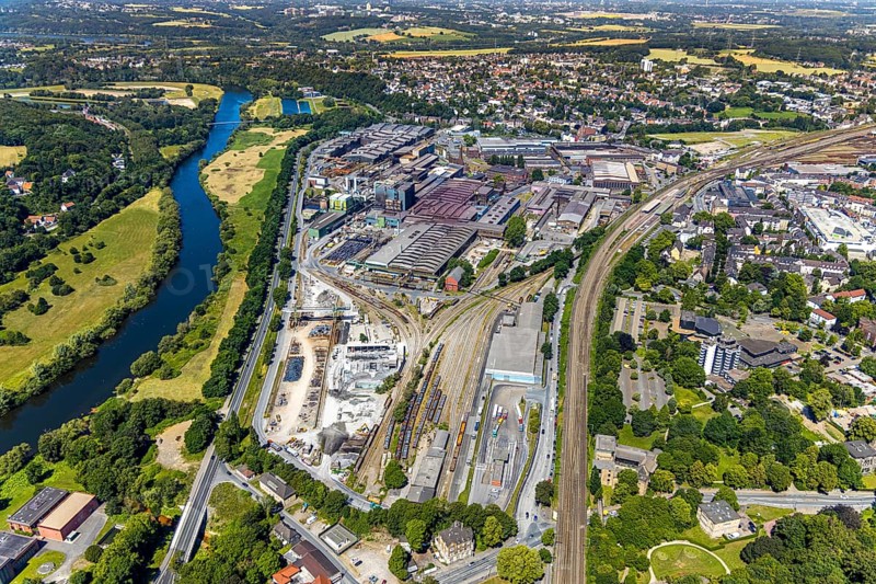 Aerial view, Deutsche Edelstahlwerke Witten, DEW, Ruhr river, Witten main railway station, view to Heven, Witten, Ennepe-Ruhr district, Ruhr area, North Rhine-Westphalia, Germany