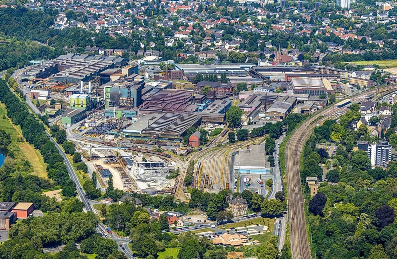 Aerial view, Deutsche Edelstahlwerke Witten, DEW, Ruhr river, Witten main railway station, view to Heven, Witten, Ennepe-Ruhr district, Ruhr area, North Rhine-Westphalia, Germany