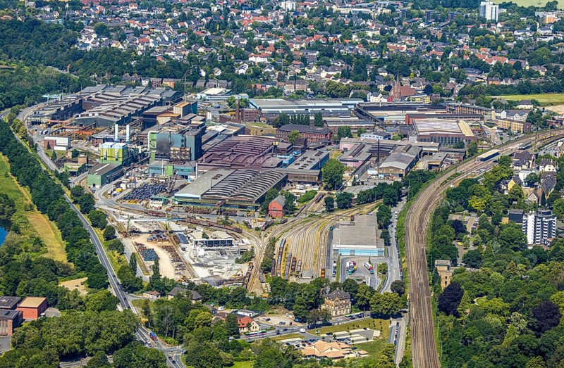 Aerial view, Deutsche Edelstahlwerke Witten, DEW, Ruhr river, Witten main railway station, view to Heven, Witten, Ennepe-Ruhr district, Ruhr area, North Rhine-Westphalia, Germany