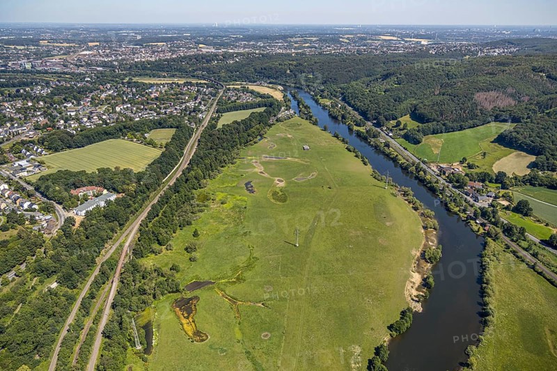 Aerial view, Steger campsite, Ruhr river, Ruhr island, new Haus Buschey retirement home, Bommern, Witten, Ennepe-Ruhr district, Ruhr area, North Rhine-Westphalia, Germany