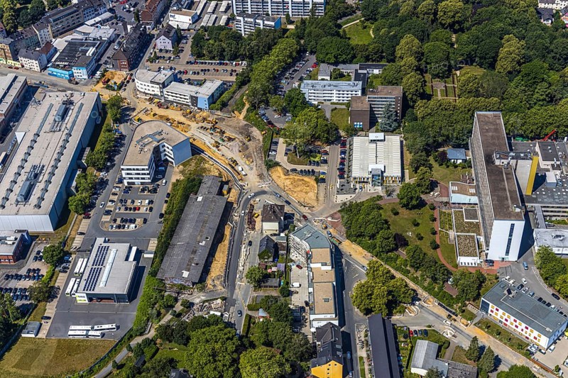 Aerial view, construction site, extension of Pferdebachstraße, Witten-Ost development area, former goods station, medical centre, Protestant Hospital Witten, Witten, Ennepe-Ruhr district, Ruhr area, North Rhine-Westphalia, Germany