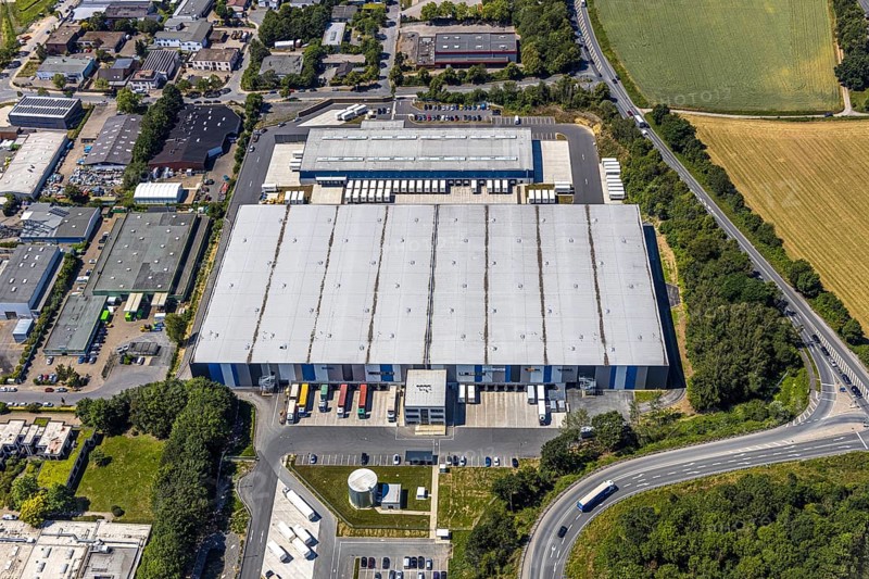 Aerial view, Hermes distribution centre Witten, Euziel logistics centre, Brock Kehrtechnik, Salinger Feld industrial estate, Annen, Witten, Ennepe-Ruhr district, Ruhr area, North Rhine-Westphalia, Germany