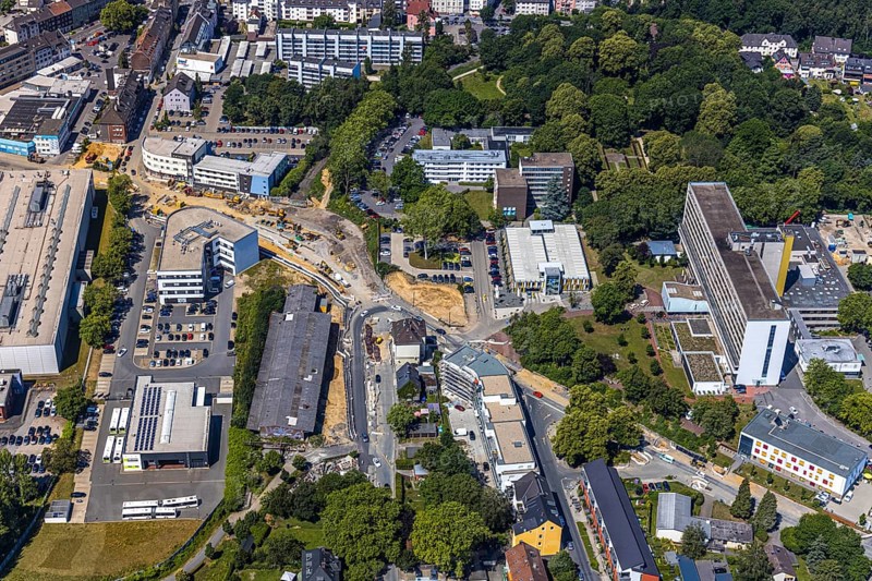 Aerial view, construction site, extension of Pferdebachstraße, Witten-Ost development area, former goods station, medical centre, Protestant Hospital Witten, Witten, Ennepe-Ruhr district, Ruhr area, North Rhine-Westphalia, Germany