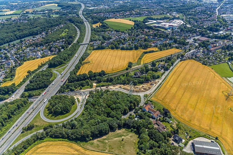 Aerial view, construction site Bochumer Straße near Hof Bockholt, motorway junction Witten-Zentrum, motorway A44, Witten, Ennepe-Ruhr district, Ruhr area, North Rhine-Westphalia, Germany