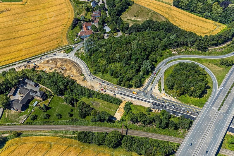 Aerial view, construction site Bochumer Straße near Hof Bockholt, motorway junction Witten-Zentrum, motorway A44, Witten, Ennepe-Ruhr district, Ruhr area, North Rhine-Westphalia, Germany