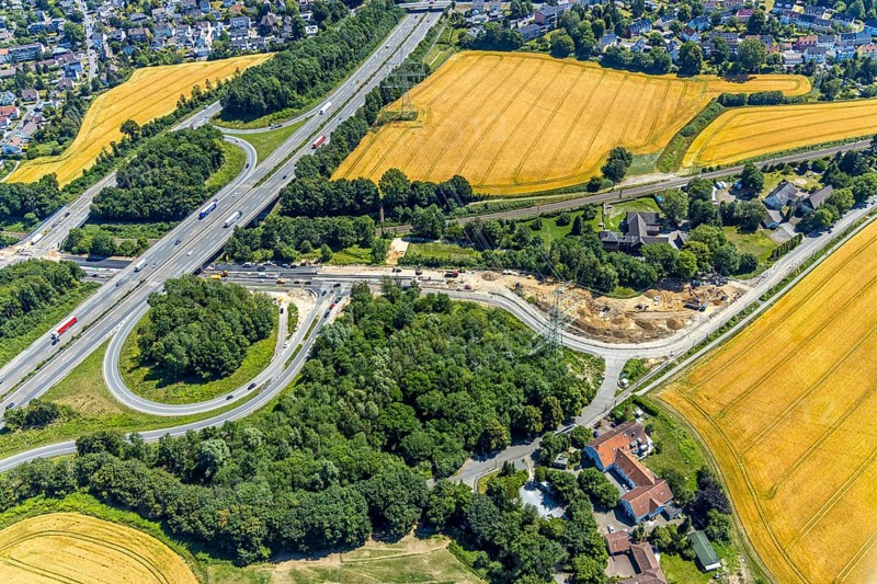 Aerial view, construction site Bochumer Straße near Hof Bockholt, motorway junction Witten-Zentrum, motorway A44, Witten, Ennepe-Ruhr district, Ruhr area, North Rhine-Westphalia, Germany
