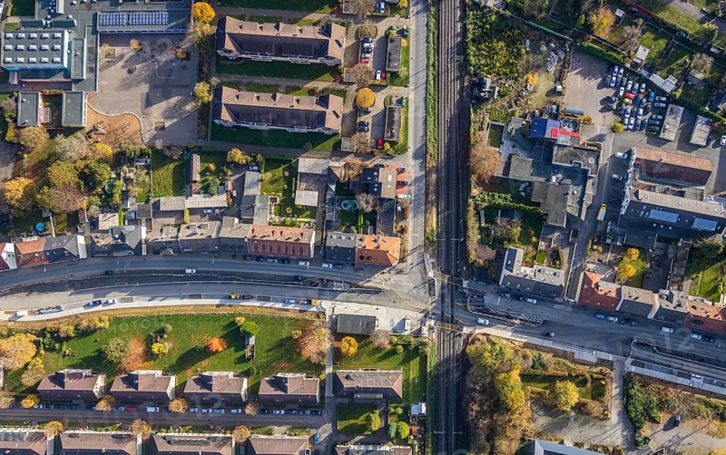 Aerial view, construction site Pferdebachstraße, railway crossing Ziegelstraße, planned S-Bahn stop, Bebbelsdorf, Witten, Ruhr area, North Rhine-Westphalia, Germany