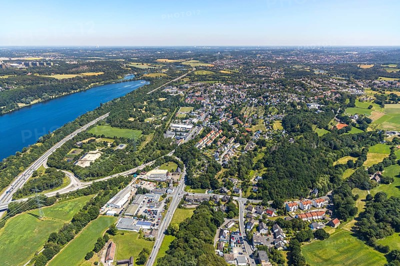 Aerial view, Lake Kemnader, view of Herbede, A43 motorway, Witten, Ennepe-Ruhr district, Ruhr area, North Rhine-Westphalia, Germany