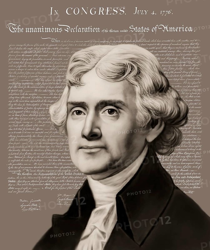 Portrait of Thomas Jefferson, 1743 - 1826, third president of the United States and principal author of the Declaration of Independence, digitally optimized, in the background the Declaration of Independence of the thirteen united States of America, July 4, 1776