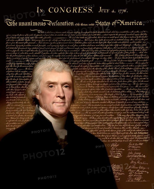 Portrait of Thomas Jefferson, 1743 - 1826, third president of the United States and principal author of the Declaration of Independence, digitally optimized based on a painting by Rembrandt Peale, in the background the Declaration of Independence of the thirteen united States of America, July 4, 1776