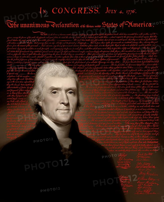 Portrait of Thomas Jefferson, 1743 - 1826, third president of the United States and principal author of the Declaration of Independence, digitally optimized based on a painting by Rembrandt Peale, in the background the Declaration of Independence of the thirteen united States of America, July 4, 1776