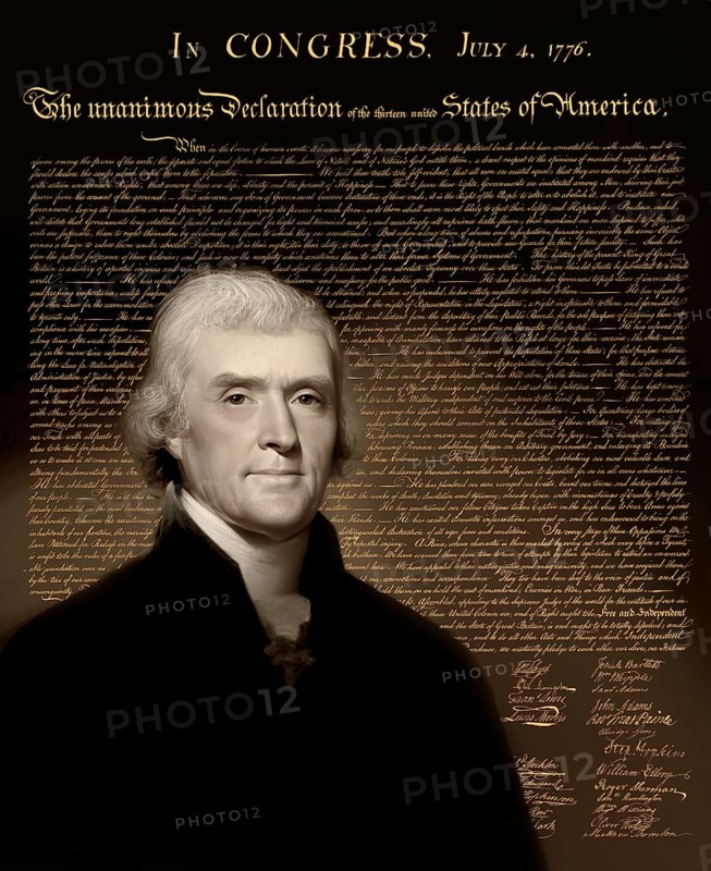 Portrait of Thomas Jefferson, 1743 - 1826, third president of the United States and principal author of the Declaration of Independence, digitally optimized based on a painting by Rembrandt Peale, in the background the Declaration of Independence of the thirteen united States of America, July 4, 1776