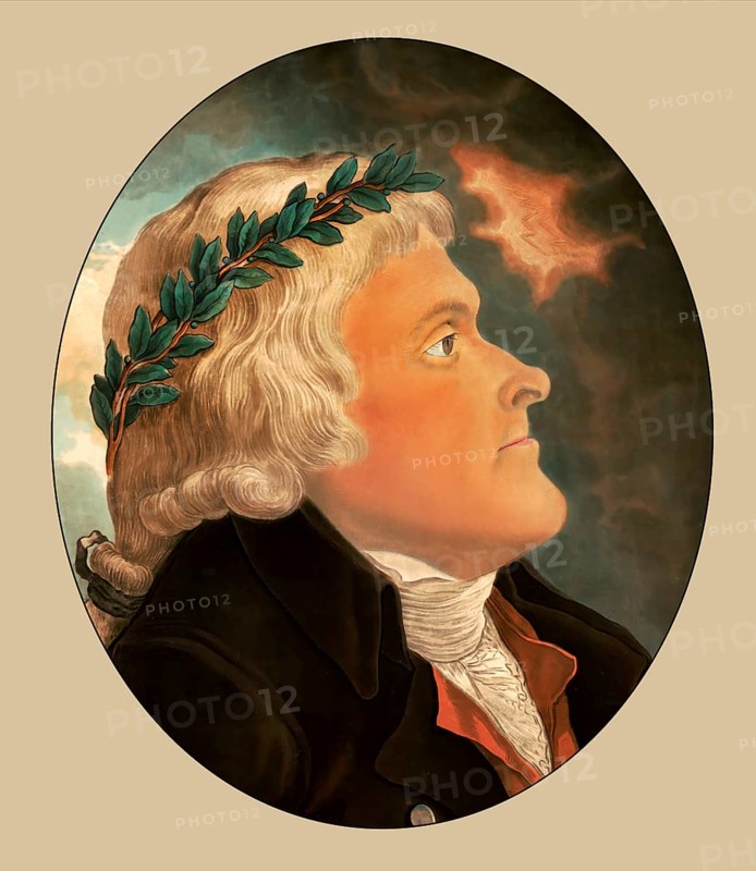 Jefferson shown as a philosopher, patriote and friend, wearing laurel crown, portrait of Thomas Jefferson, 1743 - 1826, third president of the United States, digitally optimized based on a painting by Tadeusz Kosciuszko