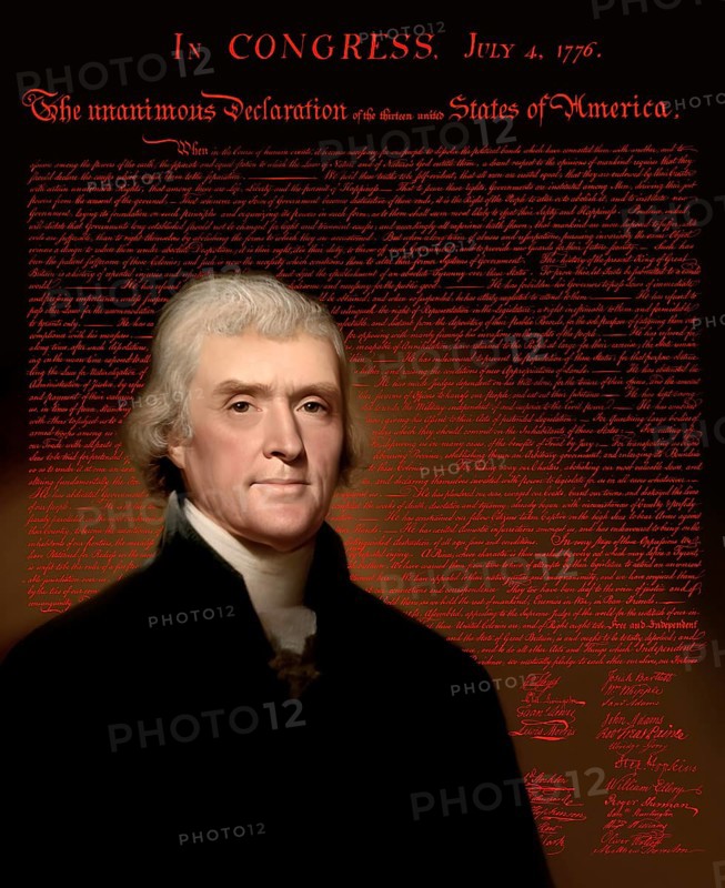 Portrait of Thomas Jefferson, 1743 - 1826, third president of the United States and principal author of the Declaration of Independence, digitally optimized based on a painting by Rembrandt Peale, in the background the Declaration of Independence of the thirteen united States of America, July 4, 1776