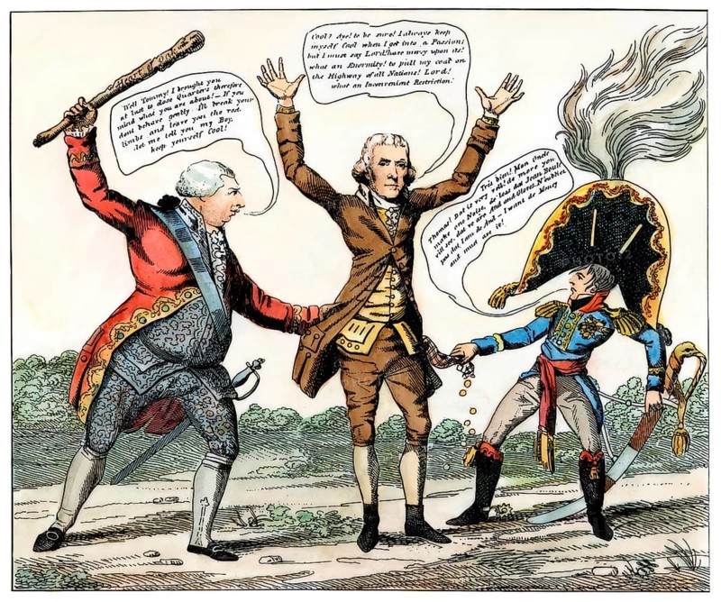 An Anti-Jefferson political cartoon on the Embargo Act in 1807, Jefferson is robbed by England and France, King George and Napoleon, 1809, Thomas Jefferson, 1743 - 1826, third president of the United States