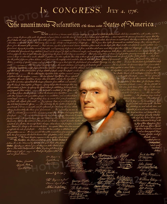 Portrait of Thomas Jefferson, 1743 - 1826, third president of the United States and principal author of the Declaration of Independence, digitally optimized based on a painting by Rembrandt Peale, in the background the Declaration of Independence of the thirteen united States of America, July 4, 1776