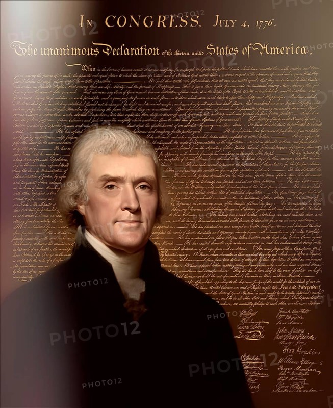 Portrait of Thomas Jefferson, 1743 - 1826, third president of the United States and principal author of the Declaration of Independence, digitally optimized based on a painting by Rembrandt Peale, in the background the Declaration of Independence of the thirteen united States of America, July 4, 1776