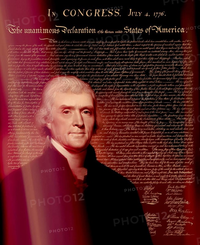 Portrait of Thomas Jefferson, 1743 - 1826, third president of the United States and principal author of the Declaration of Independence, digitally optimized based on a painting by Rembrandt Peale, in the background the Declaration of Independence of the thirteen united States of America, July 4, 1776