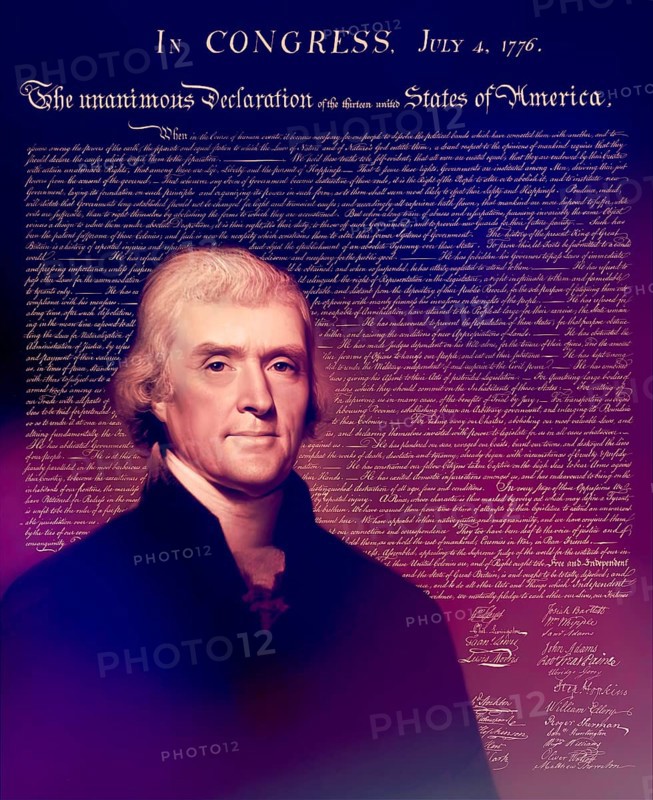 Portrait of Thomas Jefferson, 1743 - 1826, third president of the United States and principal author of the Declaration of Independence, digitally optimized based on a painting by Rembrandt Peale, in the background the Declaration of Independence of the thirteen united States of America, July 4, 1776
