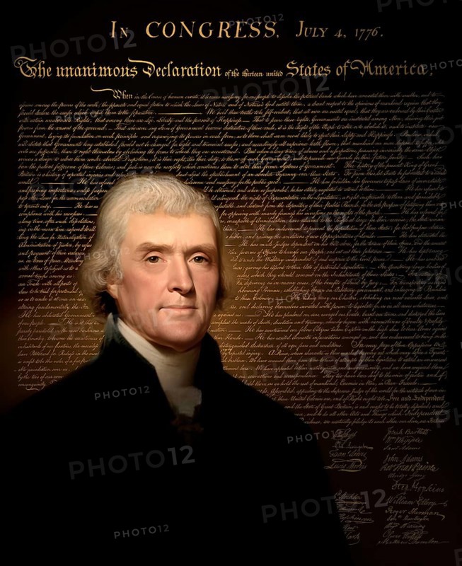 Portrait of Thomas Jefferson, 1743 - 1826, third president of the United States and principal author of the Declaration of Independence, digitally optimized based on a painting by Rembrandt Peale, in the background the Declaration of Independence of the thirteen united States of America, July 4, 1776
