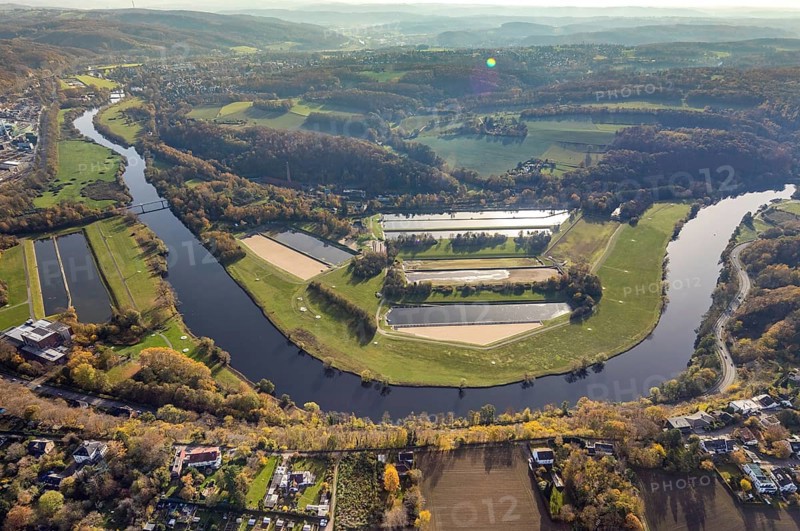 Aerial view, river Ruhr, Ruhr loop, water basin of Wasserwerke Westfalen GmbH, Heven with view to Bommern, Witten, Ennepe-Ruhr district, Ruhr area, North Rhine-Westphalia, Germany