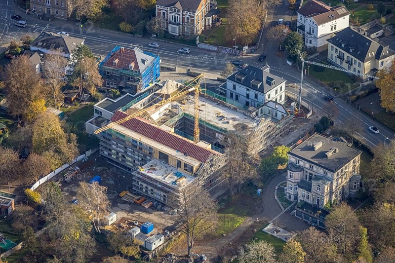 Aerial view, construction site for 30 lofts, former Scharfen machine factory, Scharfen Villa, Villa Lohmann, Witten, Ruhrstraße, Ennepe-Ruhr district, Ruhr area, North Rhine-Westphalia, Germany