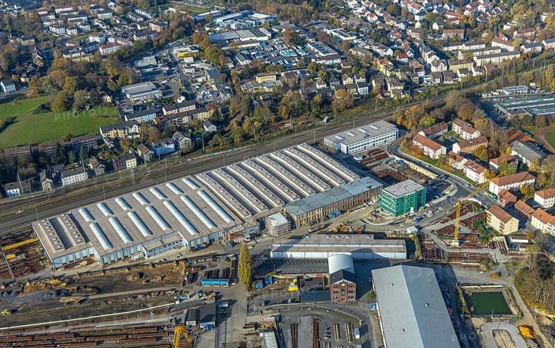 Aerial view, Witten switchyard, Kronenstraße access road with new building, Witten-Mitte, Witten, Ennepe-Ruhr district, Ruhr area, North Rhine-Westphalia, Germany