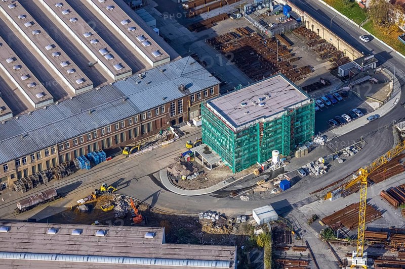 Aerial view, overview of Witten switchyard, Kronenstraße access road with new building, Witten-Mitte, Witten, Ennepe-Ruhr district, Ruhr area, North Rhine-Westphalia, Germany