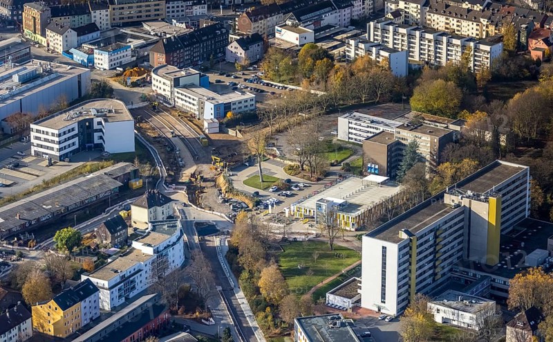 Aerial view, construction site, extension of Pferdebachstraße, Witten-Ost development area, former goods station, medical centre, Protestant Hospital Witten, Witten, Ennepe-Ruhr district, Ruhr area, North Rhine-Westphalia, Germany