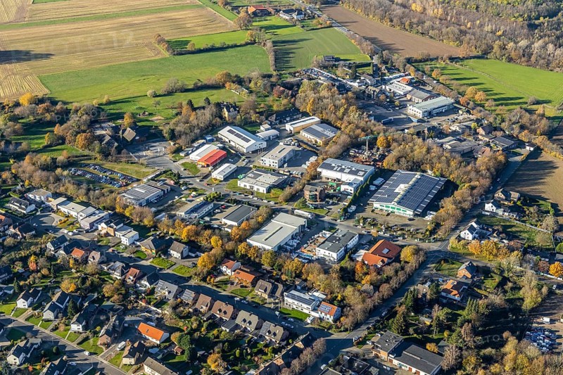 Aerial view, commercial area Hochstraße, Neukirchen, Neukirchen-Vluyn, Ruhr area, North Rhine-Westphalia, Germany, DE, Europe, commercial enterprises, commercial area, commercial park, commercial location, commercial use, industrial area, industrial building, industrial location, aerial photograph, aerial photography, aerial photography, overview, bird's-eye view, bird's-eye view, overview