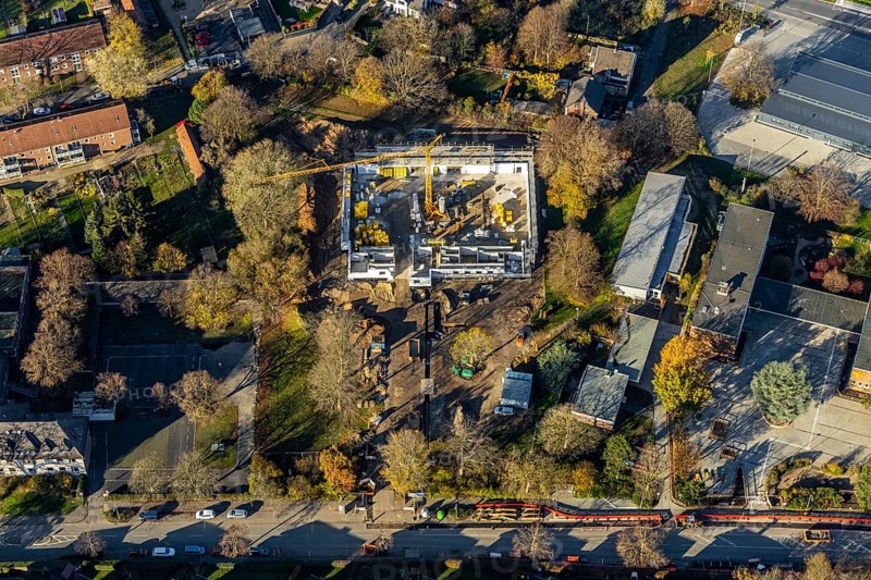 Aerial view, construction site of new double gymnasium, Jahnstraße. Neukirchen, Neukirchen-Vluyn, Ruhr area, North Rhine-Westphalia, Germany, construction work, building, construction area, building site, building plots, construction project, construction site, DE, Europe, aerial view, aerial photography, aerial photography, new building, sports, gymnasium, overview, bird's-eye view, overview