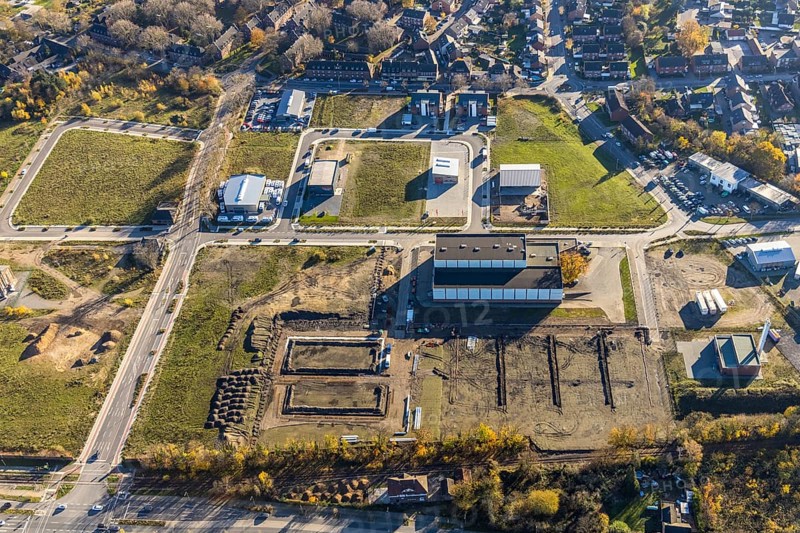 Aerial view, former Niederberg colliery, Neukirchen, Neukirchen-Vluyn, Ruhr area, North Rhine-Westphalia, Germany, An den Schächten, construction area, construction site, building plots, construction project, construction site, mine, DE, Europe, winding tower, aerial photograph, aerial photography, aerial photography, Lower Rhine, overview, bird's eye view, colliery, Niederberg colliery, birds-eyes view, former coal mine, overview