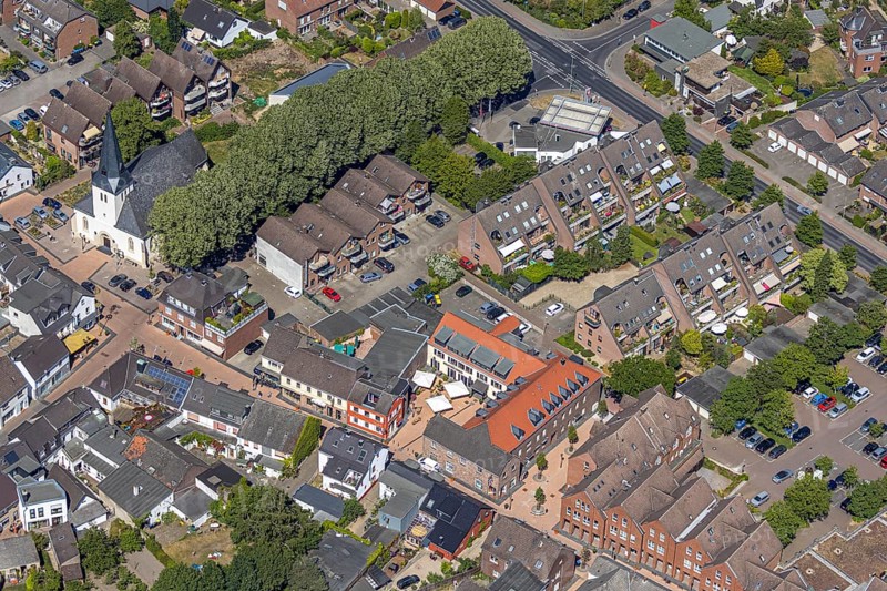 Aerial view, village Neukirchen, protestant village church, town library, Neukirchen-Vluyn, Lower Rhine, North Rhine-Westphalia, Germany, place of worship, library, city, DE, Europe, religious community, place of worship, city centre, church, parish, denomination, aerial photograph, aerial photography, aerial photography, mission yard, town centre, town library, city area, city centre, overview, bird's-eye view, birds-eyes view, overview