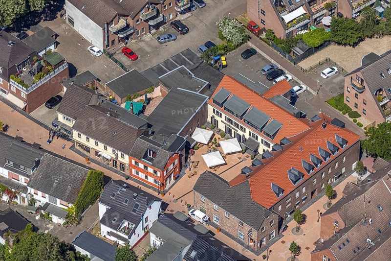 Aerial view, village Neukirchen, public library, Neukirchen-Vluyn, Lower Rhine, North Rhine-Westphalia, Germany, library, city, DE, Europe, city centre, aerial view, aerial photography, aerial photography, Missionshof, town centre, city library, city area, city centre, overview, bird's-eye view, birds-eyes view, overview