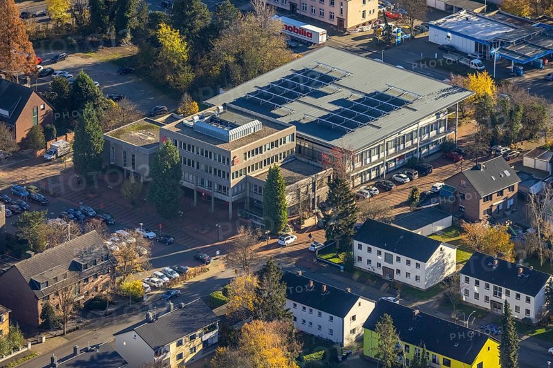 Aerial view, StadtSparkasse, Poststraße, Neukirchen, Neukirchen-Vluyn, Ruhr area, North Rhine-Westphalia, Germany, bank, DE, Europe, financial institution, aerial view, aerial photography, aerial photography, Sparkasse, overview, bird's-eye view, overview