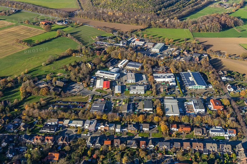Aerial view, commercial area Hochstraße, Neukirchen, Neukirchen-Vluyn, Ruhr area, North Rhine-Westphalia, Germany, DE, Europe, commercial enterprises, commercial area, commercial park, commercial location, commercial use, industrial area, industrial building, industrial location, aerial photograph, aerial photography, aerial photography, overview, bird's-eye view, bird's-eye view, overview