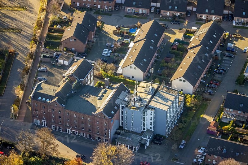 Aerial view, Hotel Dampfmühle, Neukirchen, Neukirchen-Vluyn, Ruhr area, North Rhine-Westphalia, Germany, An der Dampfmühle, DE, Europe, gastronomy, hotel, hotel facilities, hotel business, aerial view, aerial photography, aerial photography, overview, accommodation, bird's eye view, birds-eyes view, overview