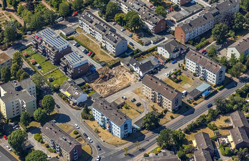 Aerial view, new construction, residential buildings Amselweg, Neukirchen-Vluyn, Lower Rhine, North Rhine-Westphalia, Germany, building site, building plots, construction project, DE, Europe, property tax, real estate, aerial view, aerial photography, aerial photography, new construction, overview, bird's eye view, residential complex, living and living, residential area, residential buildings, housing estate, birds-eyes view, overview