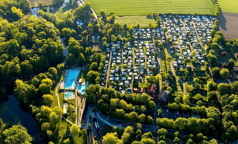 Aerial view, campsite Münster, open-air swimming pool Stapelskotten, Laerer Werseufer, Münster, Münsterland, North Rhine-Westphalia, Germany, camping, camping site, camping buses, camping caravan, campsite, DE, Europe, open-air swimming pool, leisure, leisure facility, leisure activities, aerial photography, aerial photography, overview, bird's eye view, woodland, motorhome, caravan, birds-eyes view, camping, overview