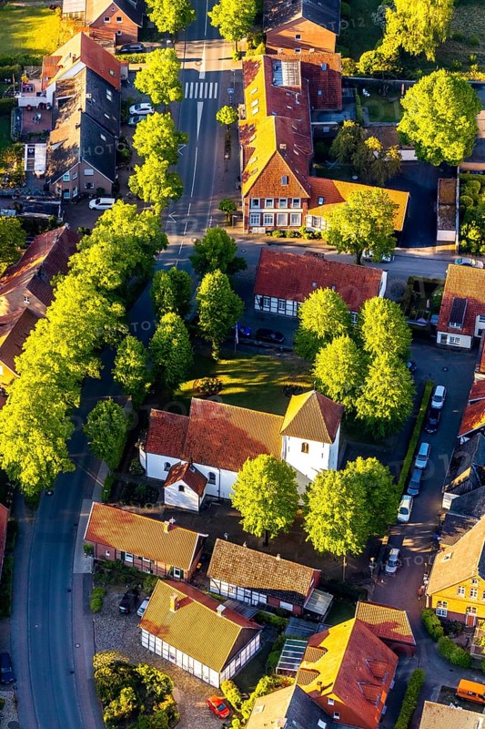 Aerial view, St. Agatha Catholic Church, Angelmodde district, Münster, Münsterland, North Rhine-Westphalia, Germany, place of worship, DE, Europe, religious community, place of worship, property tax, green trees, real estate, church, parish, denomination, aerial photograph, aerial photography, aerial photography, religion, overview, bird's eye view, residential area, living and life, residential area, residential buildings, quality of life, bird's eye view, overview