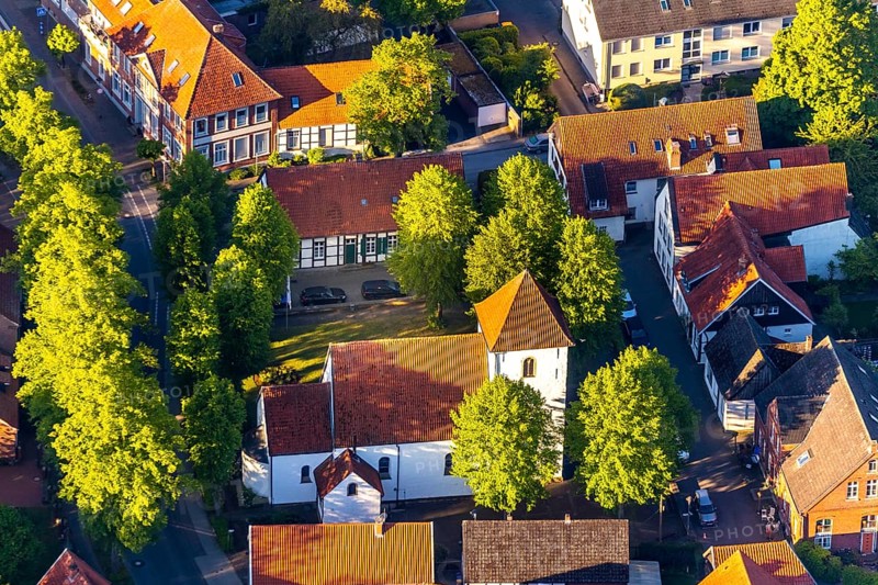Aerial view, St. Agatha Catholic Church, Angelmodde district, Münster, Münsterland, North Rhine-Westphalia, Germany, place of worship, DE, Europe, religious community, place of worship, property tax, green trees, real estate, church, parish, denomination, aerial photograph, aerial photography, aerial photography, religion, overview, bird's eye view, residential area, living and life, residential area, residential buildings, quality of life, bird's eye view, overview
